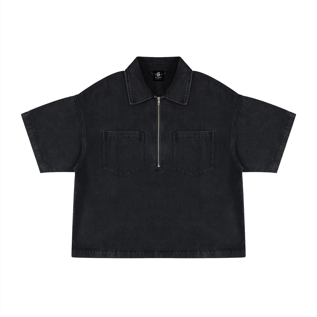 Gumbo Unisex Vintage Wash Boxy Quarter-Zip Denim Shirt