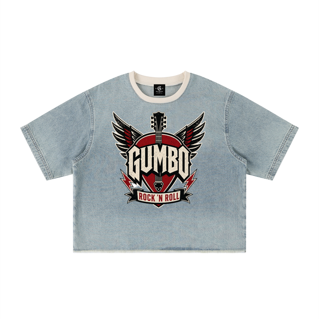 Gumbo Rock 'n Roll Collection - Unisex Vintage Wash Boxy Raw Hem Denim T-Shirt