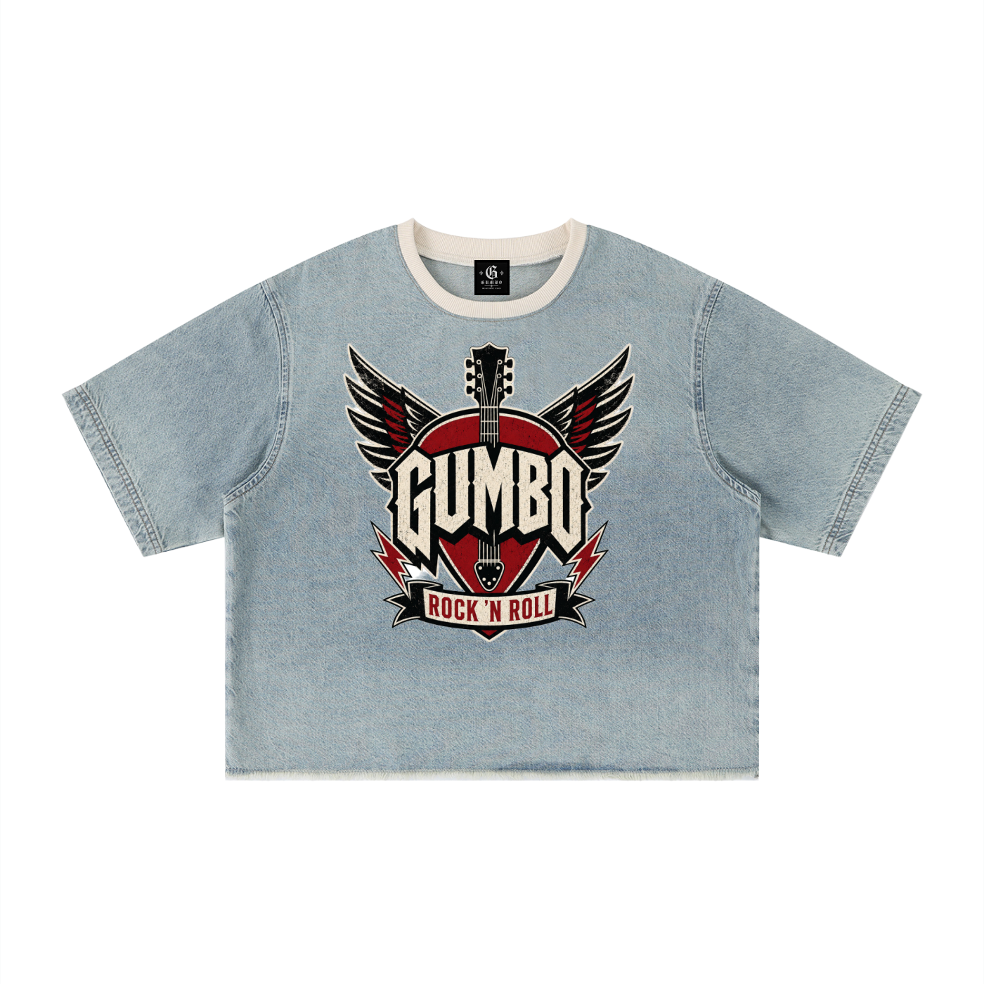 Gumbo Rock 'n Roll Collection - Unisex Vintage Wash Boxy Raw Hem Denim T-Shirt